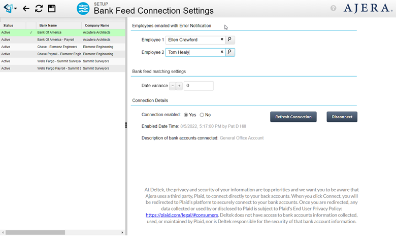 automatic bank feed deltek ajera